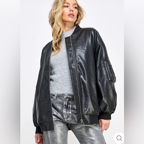 ZIP UP POCKETS PU Faux Leather Bomber Jacket - Picture 4 of 8
